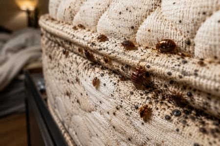 Real bed bug infestation along a mattress seam in a Queens bedroom
