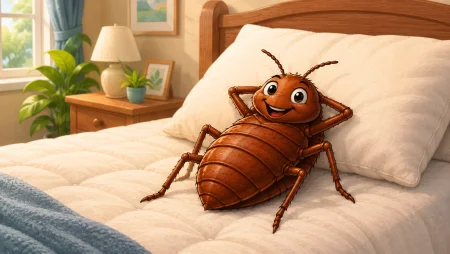 Illustrated bed bug mascot on a mattress