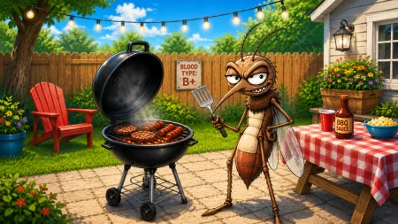 Illustrated mosquito mascot in a backyard