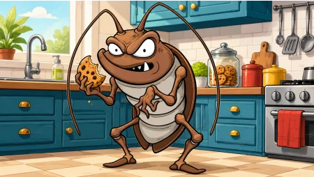 Illustrated cockroach mascot in a kitchen